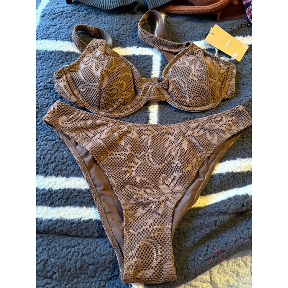Samiol Other - Samiol Women Brown Crochet Lace Underwire Bikini Set High Cut Swimsuit Large NWT